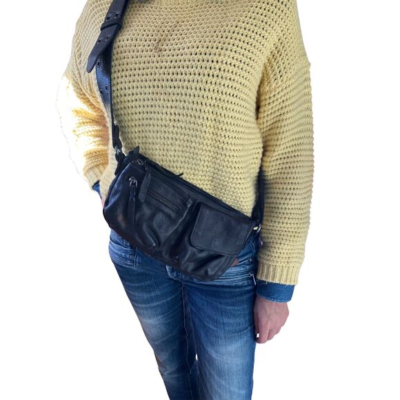 Free People Black Leather Crossbody Belt Bag - Convertible Hybrid Style - Picture 8 of 10